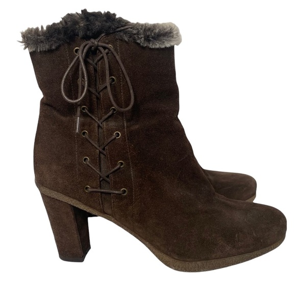 Stuart Weitzman Brown Suede Faux Fur Trim Lace Up Zip Up Ankle Boots - Picture 1 of 16